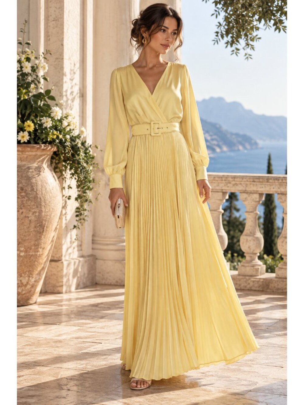 VaVaVoom Long Sleeve V-Neck Satiny Belted Designer Maxi Dress Lightweight M